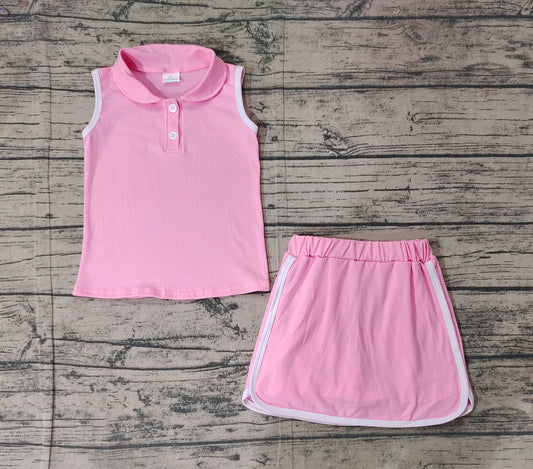 Pink sleeveless polo shirt skirt cotton kids girls clothing set