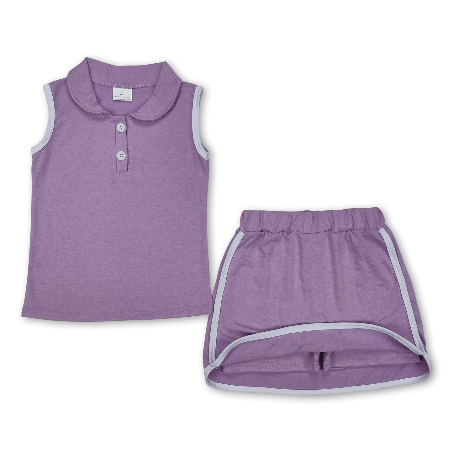 Lavender sleeveless polo shirt skirt cotton kids girls clothing set