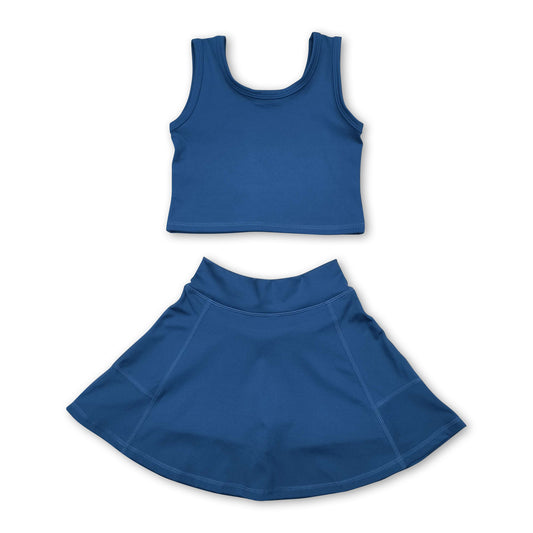 Dark blue sleeveless top skirt kids girls active wear set