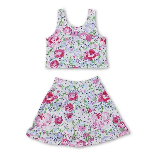 Sleeveless floral top skirt girls activewear clothing set