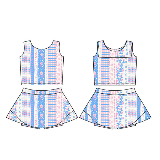 Sleeveless pink blue floral top skirt girls activewear set