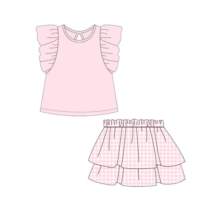 Pink flutter sleeves top plaid skirt girls clothing set