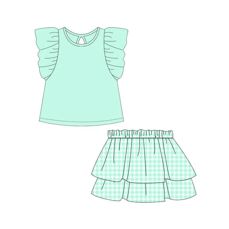 Mint flutter sleeves top plaid skirt girls clothing set