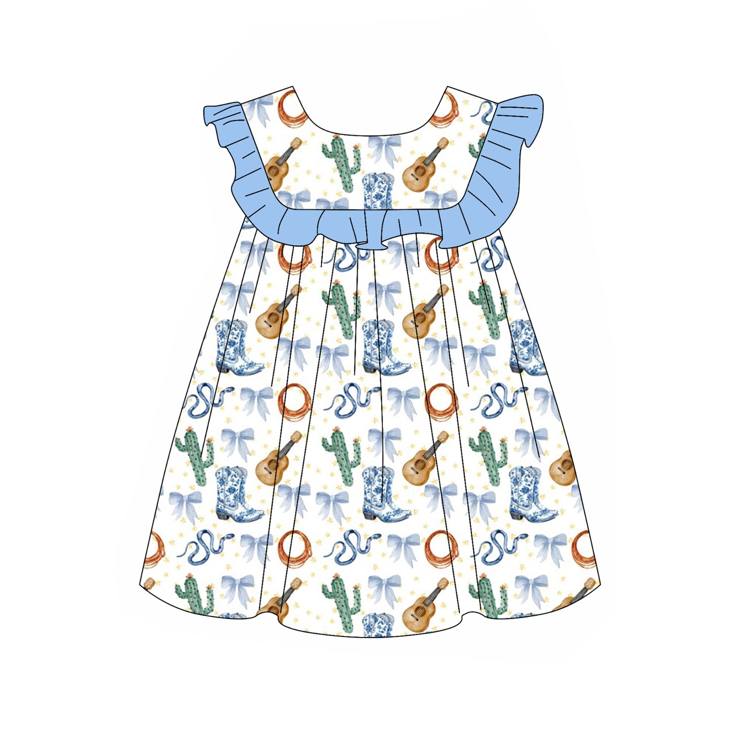 Light blue ruffle bow cactus boots western girls dresses