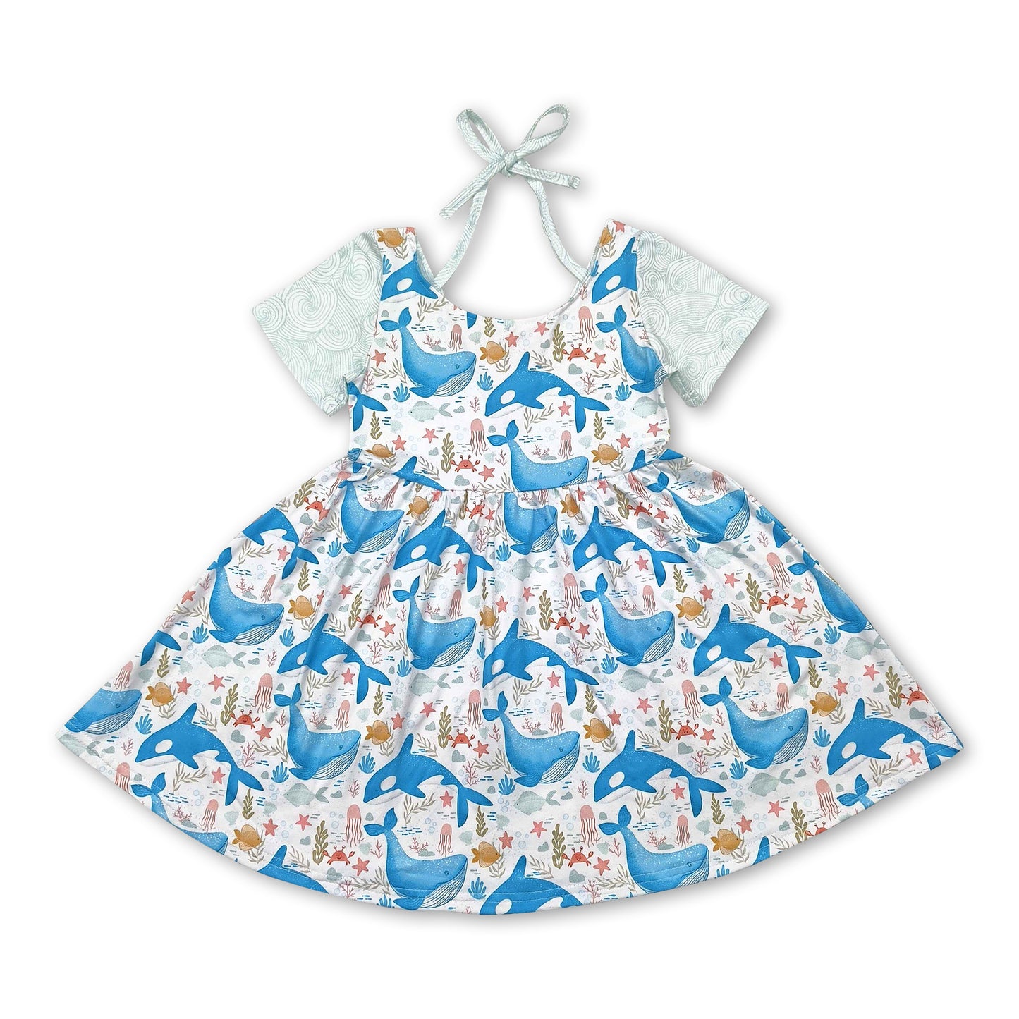 Short sleeves dolphin seaweed kids girls summer dress