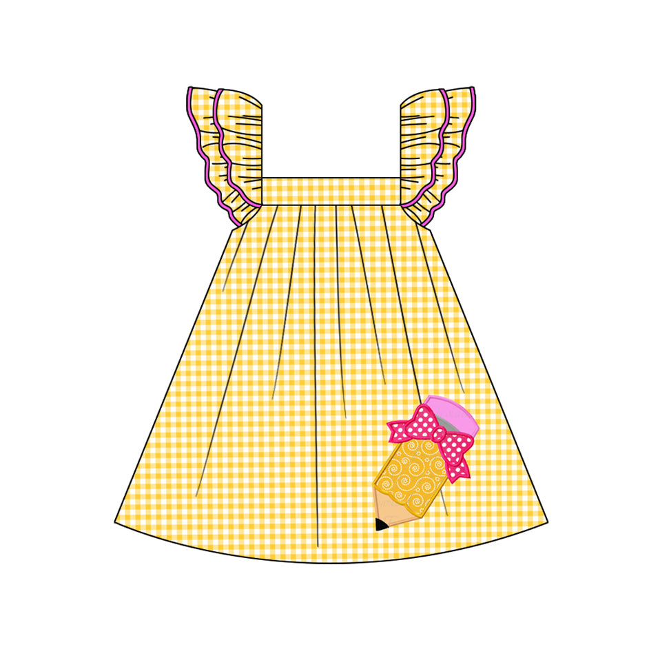 Yellow plaid flutter sleeves pencil girls back to school dress