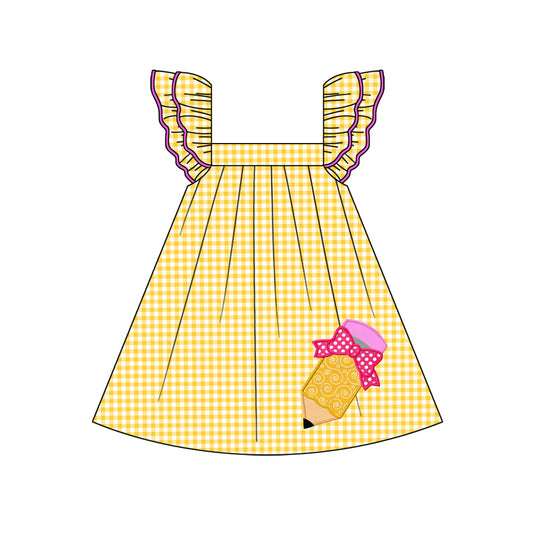 Yellow plaid flutter sleeves pencil girls back to school dress