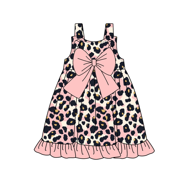 Peach bow straps leopard ruffle baby girls dresses