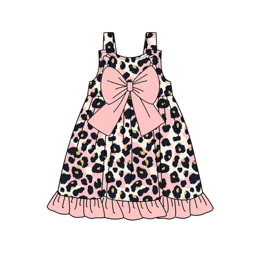 Peach bow straps leopard ruffle baby girls dresses
