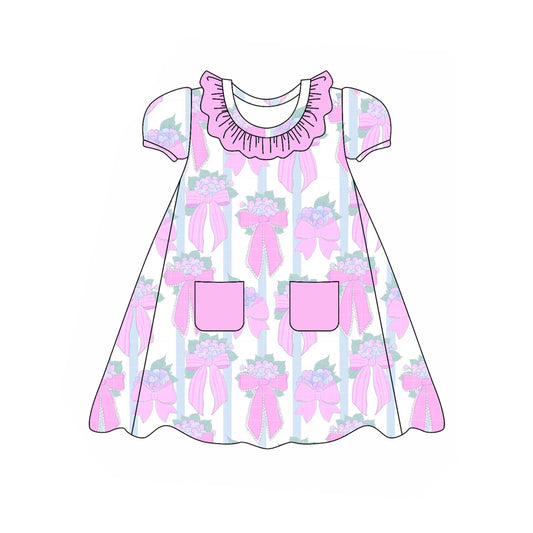 Pink ruffle short sleeves floral bow baby girls dresses