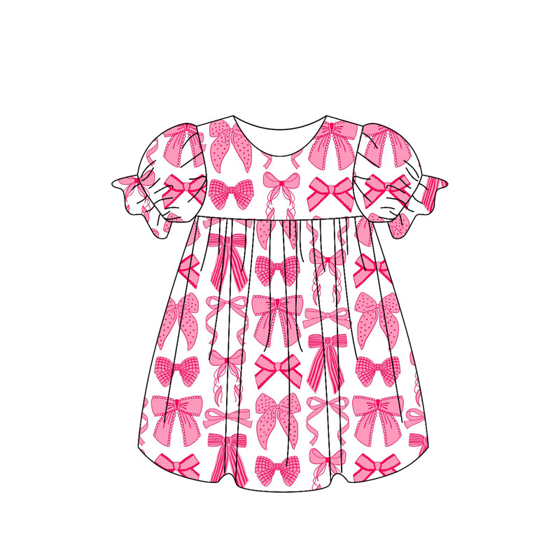Short sleeves pink bow kids girls summer dresses
