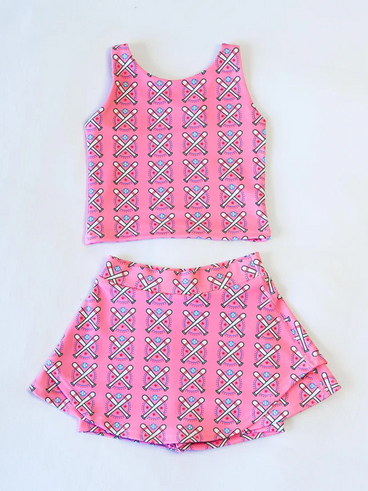 Sleeveless pink stars baseball top skirt girls activewear clothing set