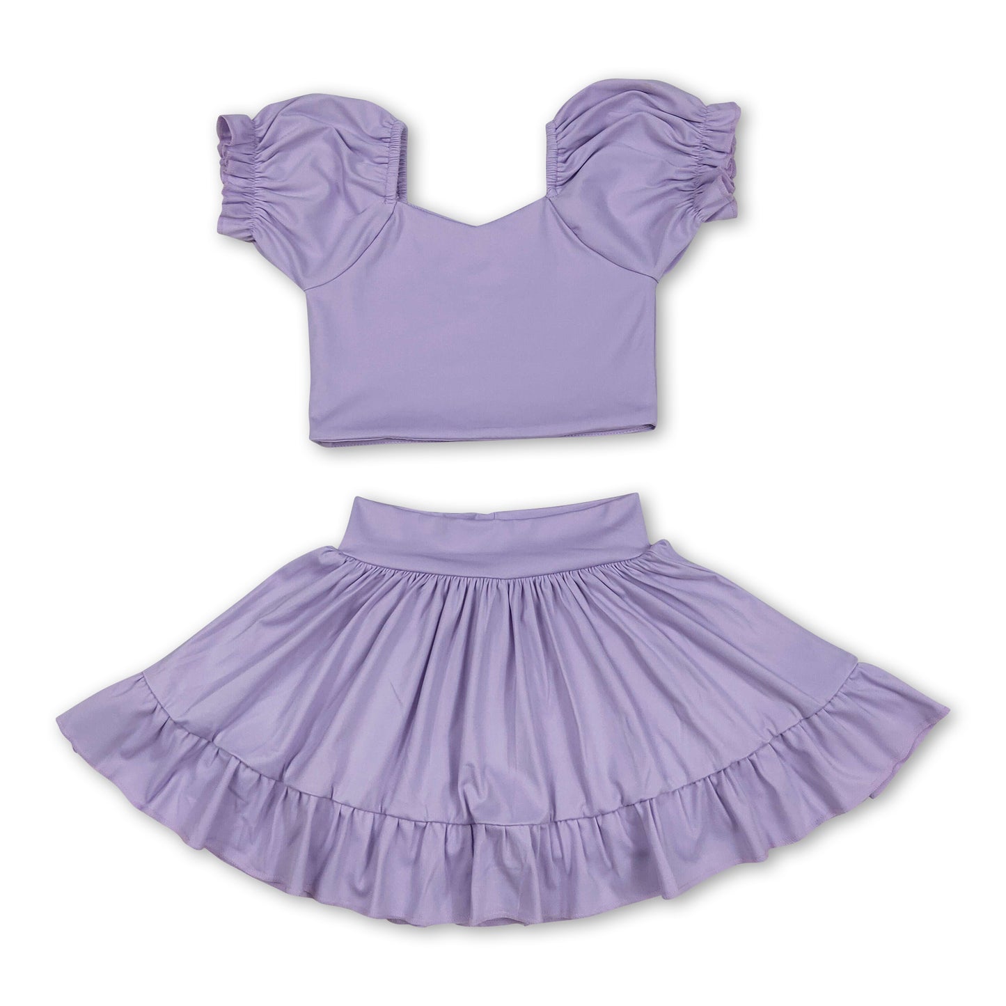Lavender short sleeves crop top ruffle skirt girls active set