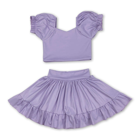 Lavender short sleeves crop top ruffle skirt girls active set