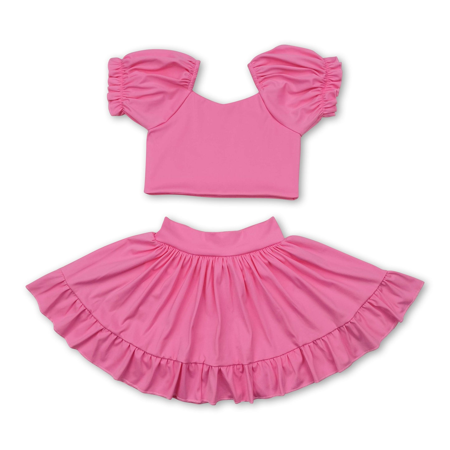 Pink short sleeves crop top ruffle skirt girls active set