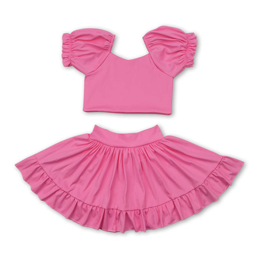 Pink short sleeves crop top ruffle skirt girls active set