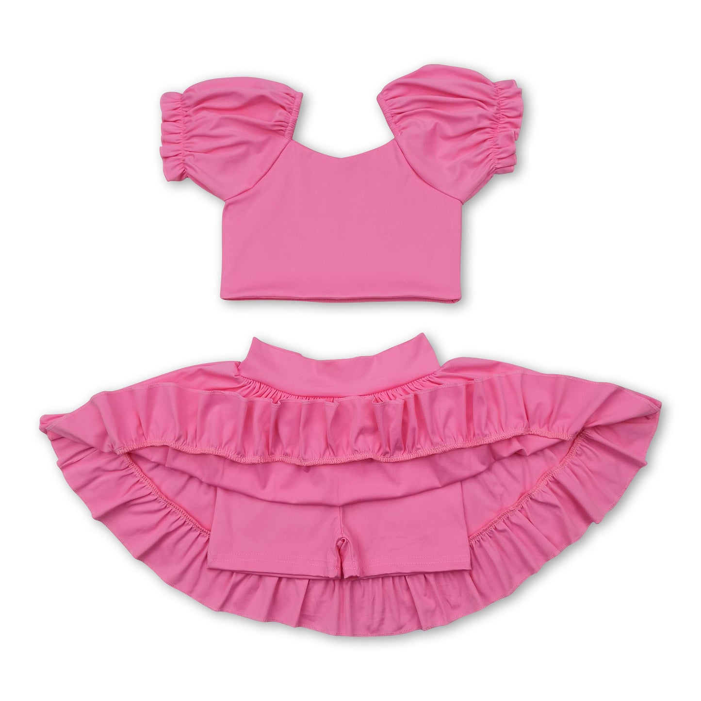 Pink short sleeves crop top ruffle skirt girls active set