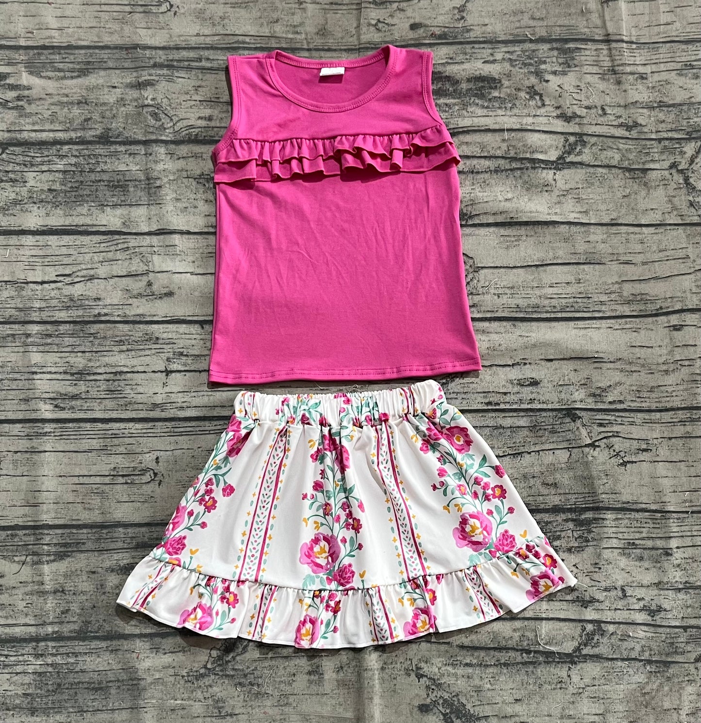 Pink ruffle top floral skirt kids girls summer clothes