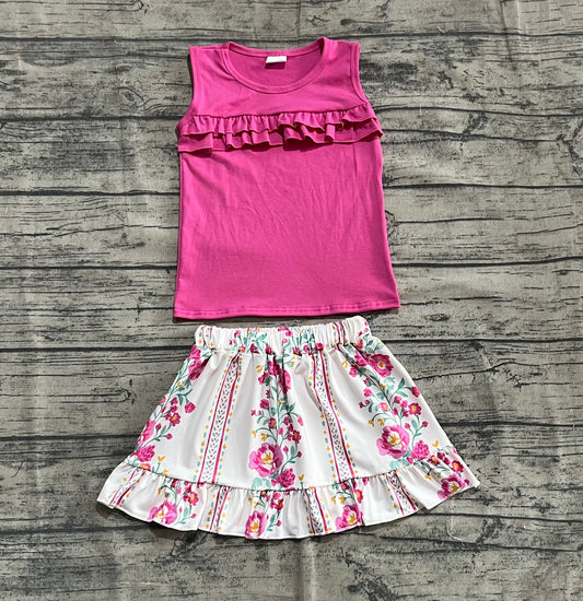 Pink ruffle top floral skirt kids girls summer clothes