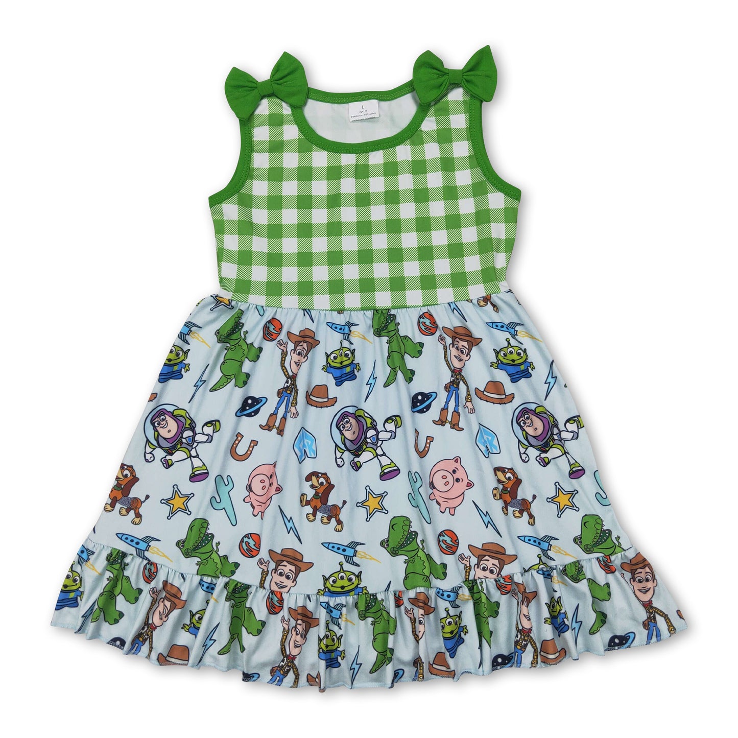 Green plaid sleeveless pig toy kids girls dresses