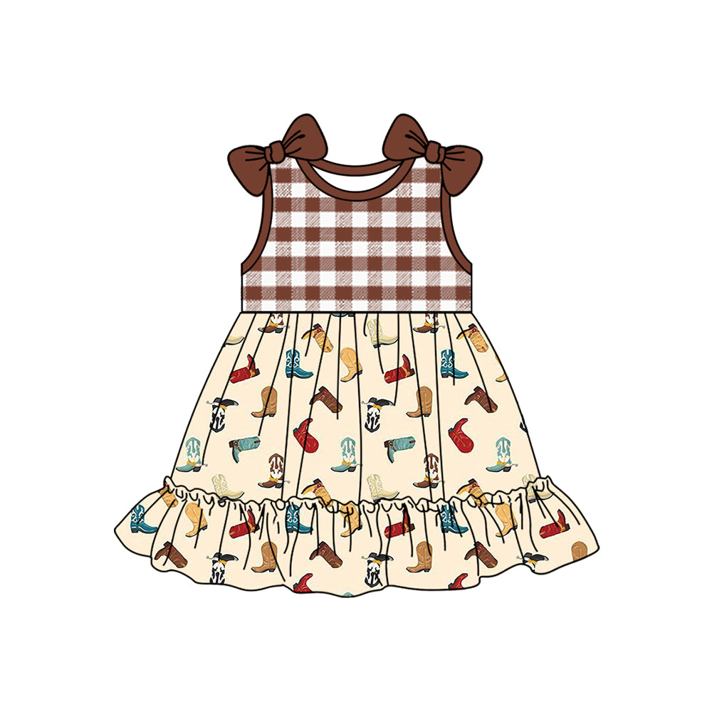 Sleeveless plaid boots western kids girls dresses