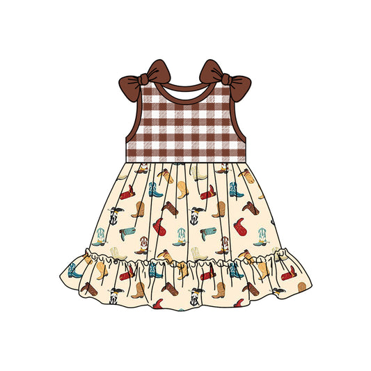 Sleeveless plaid boots western kids girls dresses