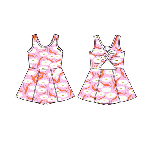 Sleeveless pink white floral kids girls athletic dresses