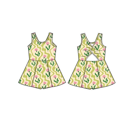 Sleeveless green pink floral kids girls athletic dresses