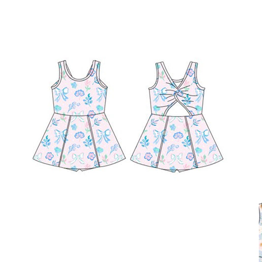Sleeveless pink floral bow kids girls athletic dresses