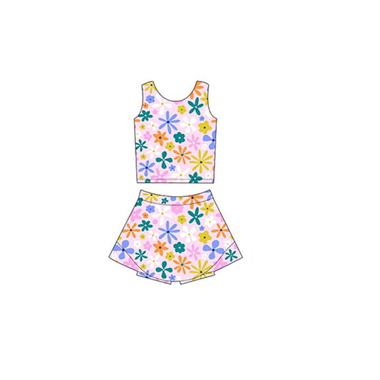 Multi color floral sleeveless top skirt girls active set