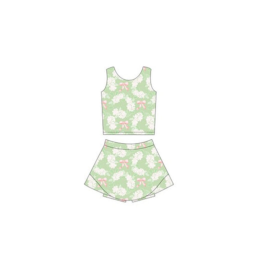 Green white floral bow sleeveless top skirt girls active set