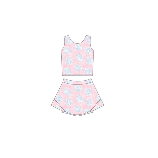 Pink light blue floral top skirt girls active wear set