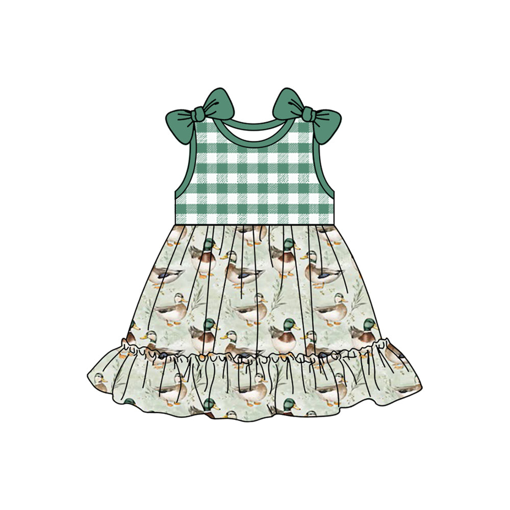 Green plaid bow sleeveless duck ruffle girls dresses