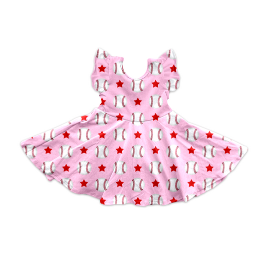 Flutter sleeves pink baseball stars kids girls dresses
