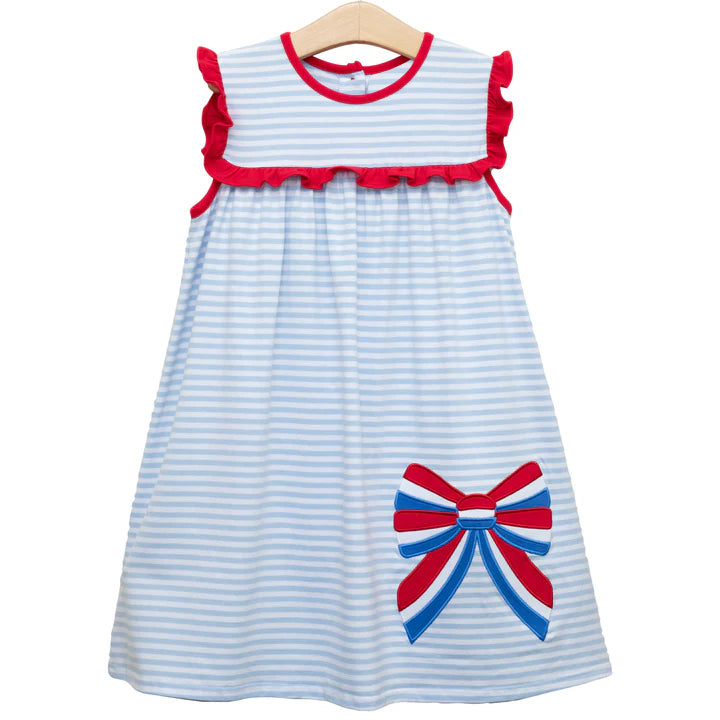 Light blue stripe ruffle bow kids girls 4th of july dresses