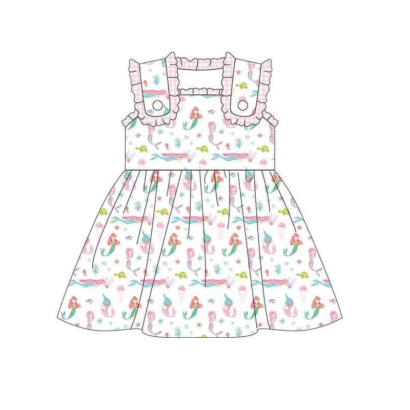Sleeveless plaid ruffle fish princess kids girls summer dress