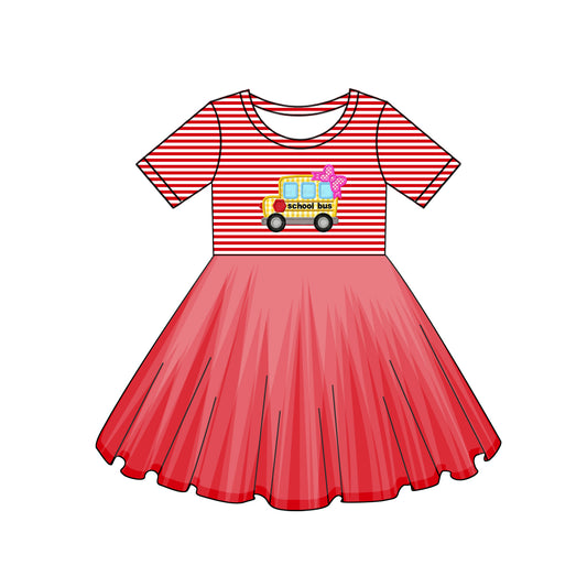 Red stripe bus tulle kids girls back to school tulle dress
