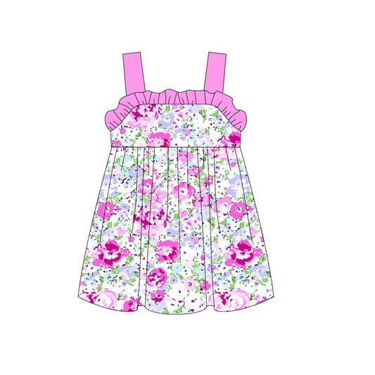 Pink straps ruffle floral baby girls summer dresses
