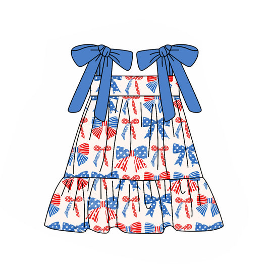 Straps stars stripe bow ruffle girls 4th of july dresses