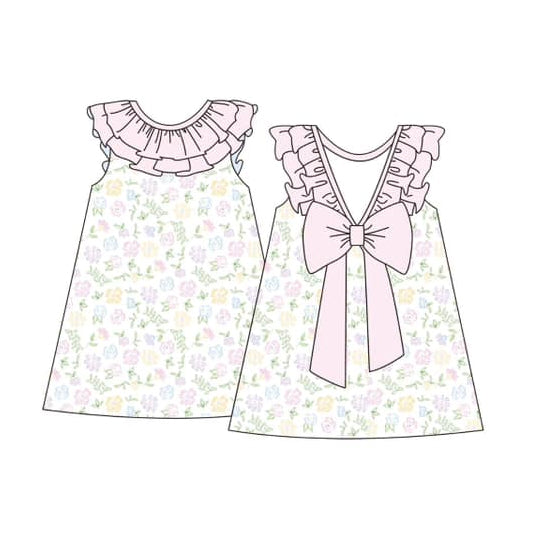 Pink ruffle bow floral baby girls summer dresses