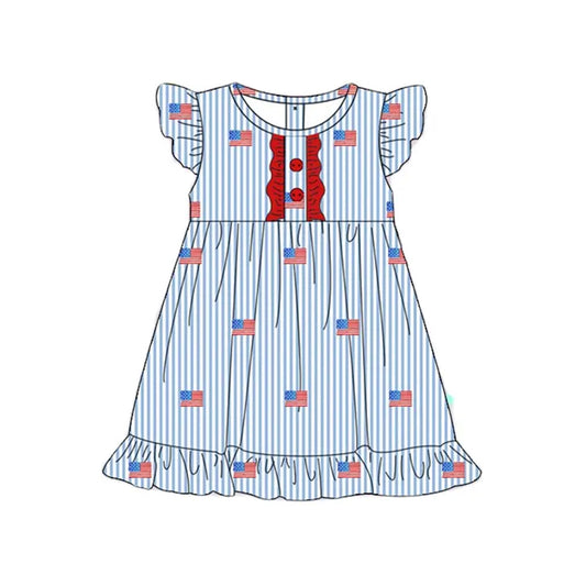 Flutter sleeves stripe flag kids girls 4th of july dresses