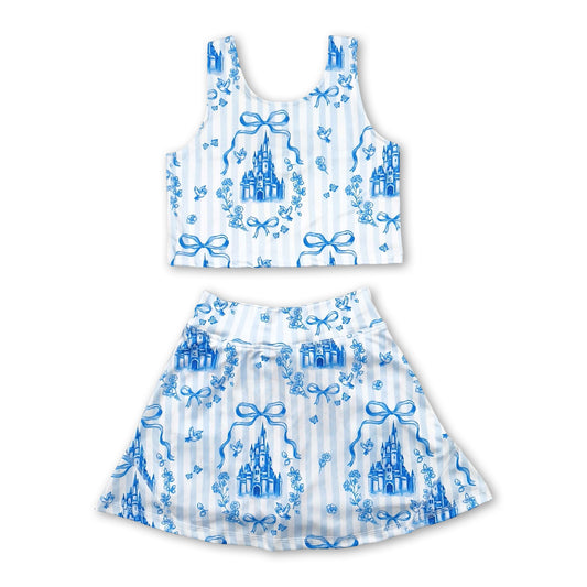 Sleeveless light blue bow castle top skirt girls active wear set