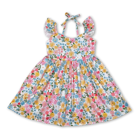 Flutter sleeves yellow floral backless kids girls dresses