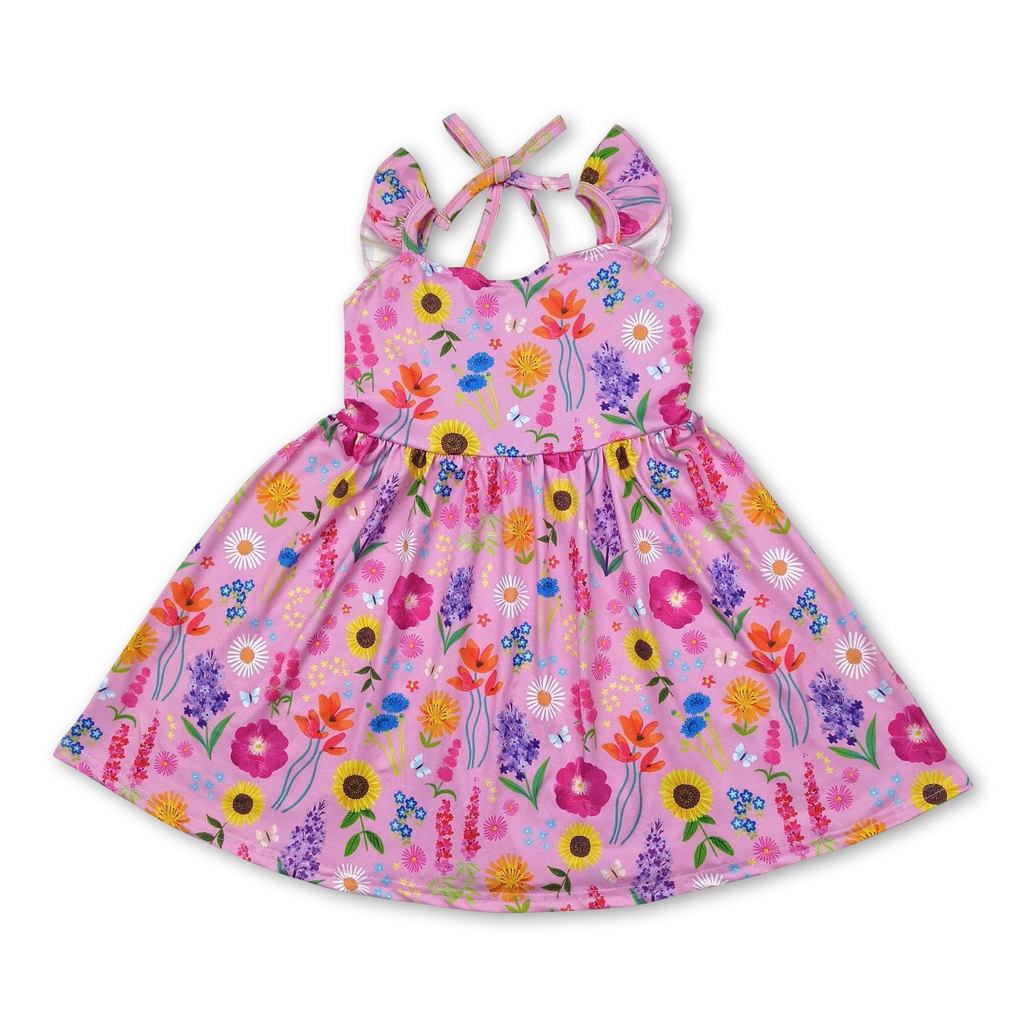 Flutter sleeves pink floral backless kids girls dresses