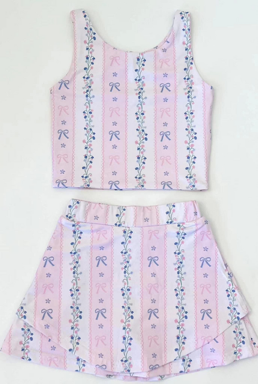 Sleeveless pink bow floral top skirt girls active wear set