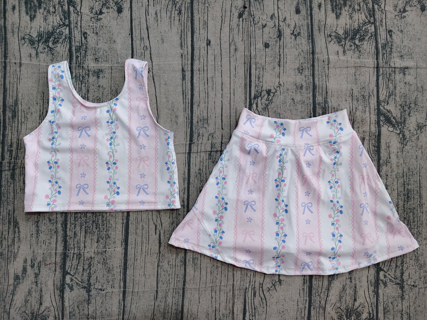Sleeveless pink bow floral top skirt girls active wear set