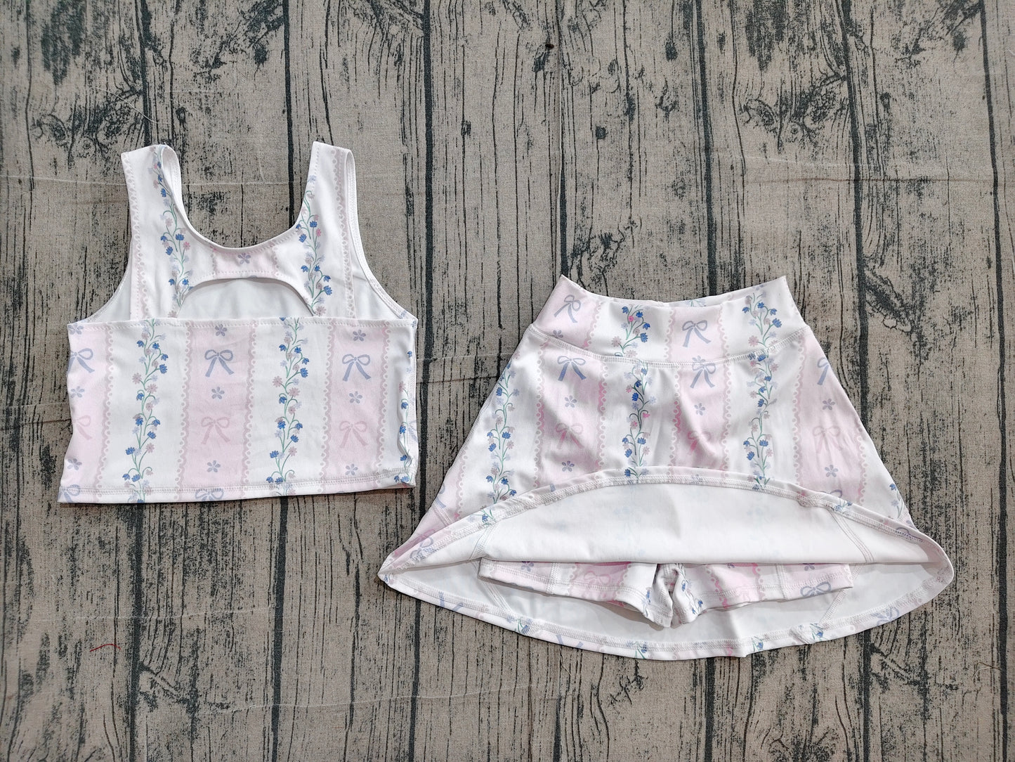 Sleeveless pink bow floral top skirt girls active wear set