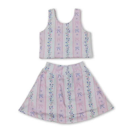 Sleeveless pink bow floral top skirt girls active wear set