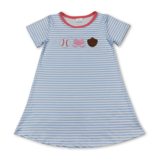 Light blue stripe baseball bow baby girls dresses