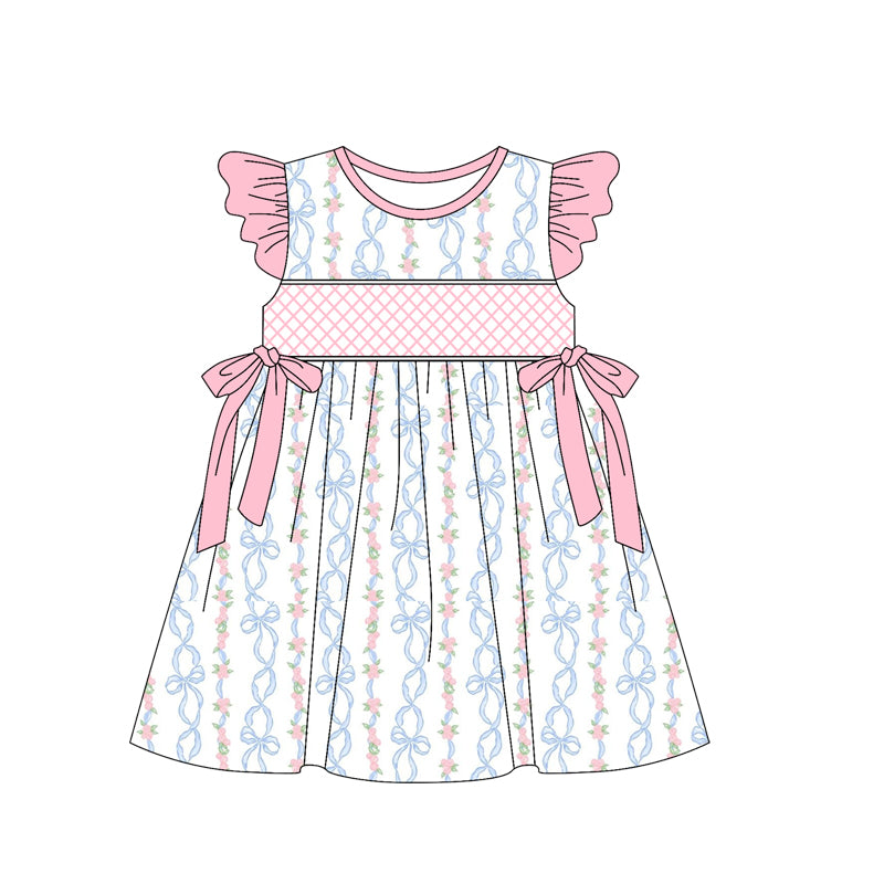 Pink flutter sleeves floral bow kids girls dresses